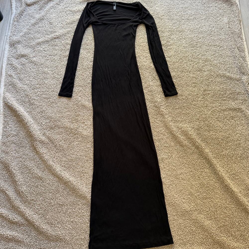 Skims Soft Lounge Long Sleeve Maxi Dress Ribbed Onyx Black Size XS